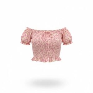 Zara Coquette Pink Floral Smocked Crop Top Off-Shoulder Dollcore size Small